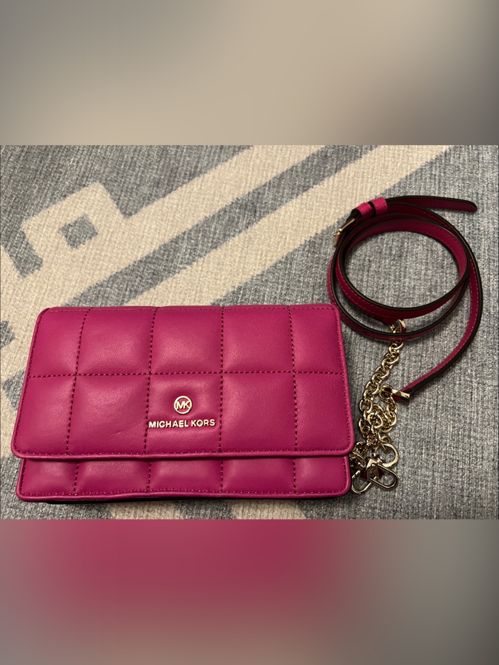 Michael Kors Quilted Fuchsia Crossbody Wallet with Gold Chain